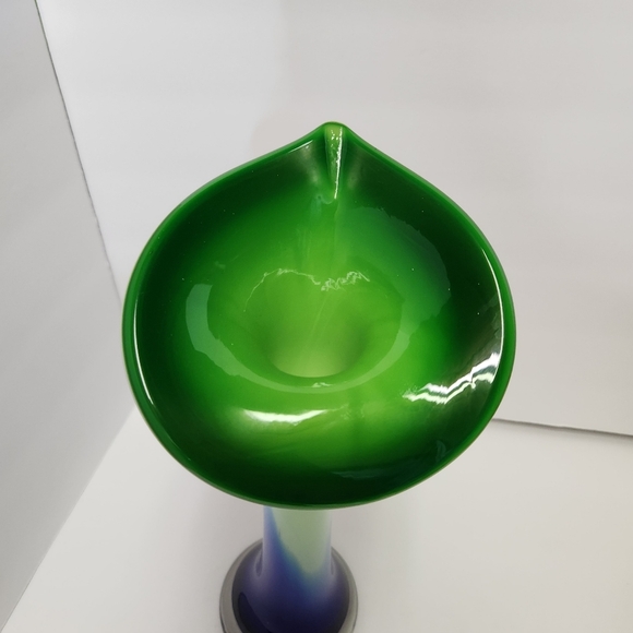 Hand Blown Cased Glass Jack In The Pulpit Vase Cobalt Blue Green White Vintage - Picture 2 of 11